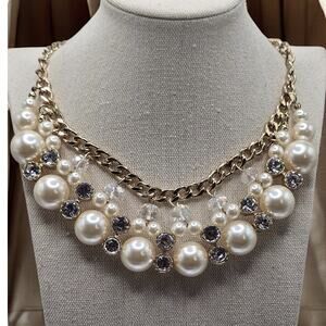 Pearl Rhinestone Cluster Statement Necklace Gold Chain – Vintage Glam Evening